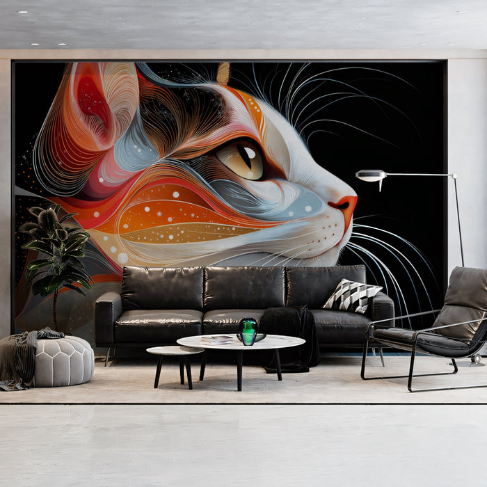 Artistic Cat Mural Wallpaper | Color - Swirled Feline Profile