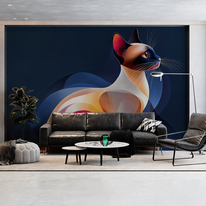 Geometric Cat Mural Wallpaper | Blue - toned Siamese - inspired Design