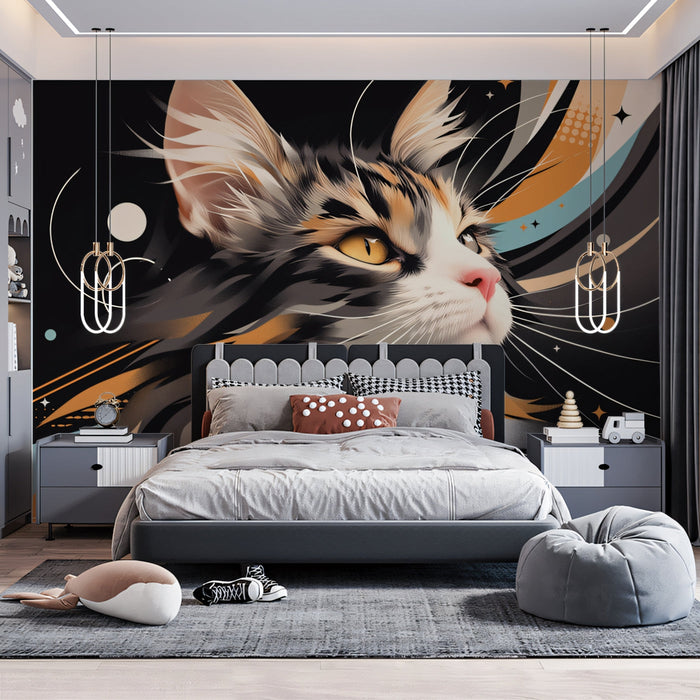 Cosmic Cat Mural Wallpaper | Black - background with Starry Feline