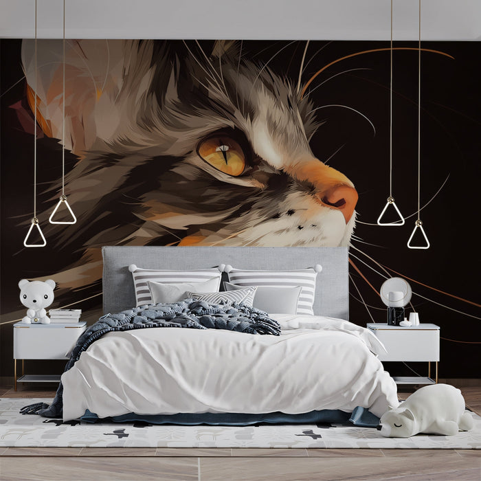 Textured Cat Mural Wallpaper | Black - background with Close - up Feline