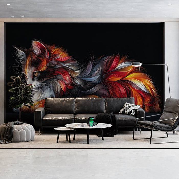 Artistic Cat Mural Wallpaper | Black - background with Swirling Colors