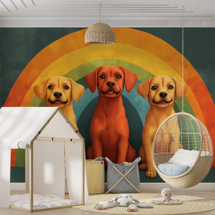 Cheerful Puppies Mural Wallpaper | Rainbow - background with Three Pups