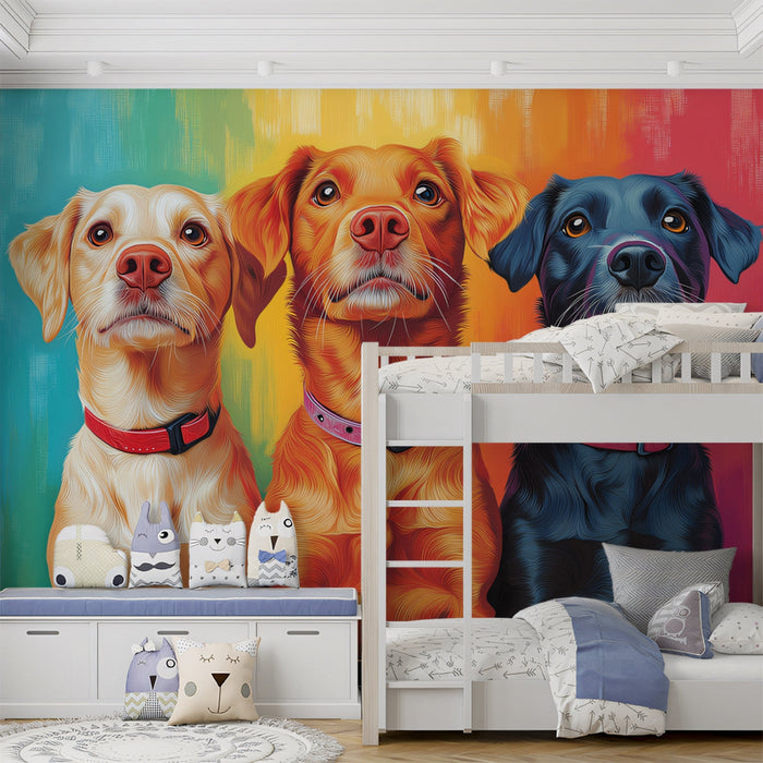 Colorful Dogs Mural Wallpaper | Multicolored - background with Three Canines