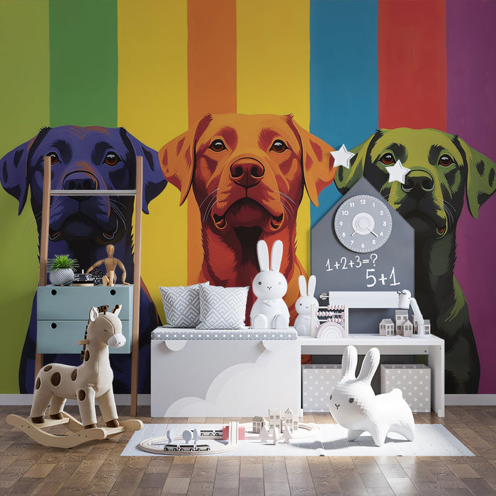 Colorful Dogs Mural Wallpaper | Multicolored - background with Three Canines