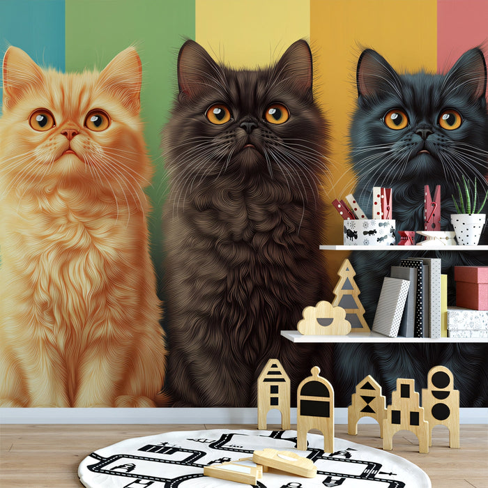 Tri - colored Cat Mural Wallpaper | Multicolored Background with Fluffy Felines