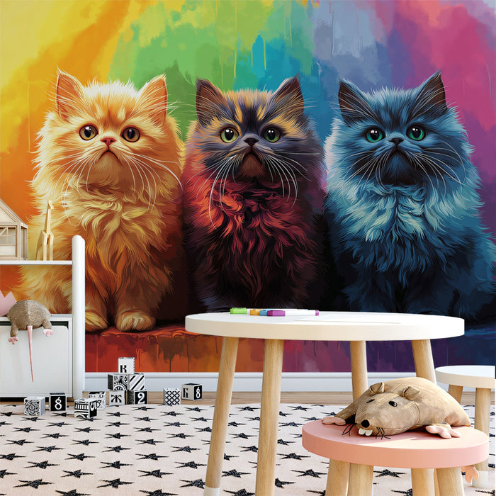 Tri - colored Cat Mural Wallpaper | Multicolored Background with Fluffy Felines