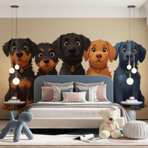 Five - dog Mural Wallpaper | Neutral Background with Canine Line - up
