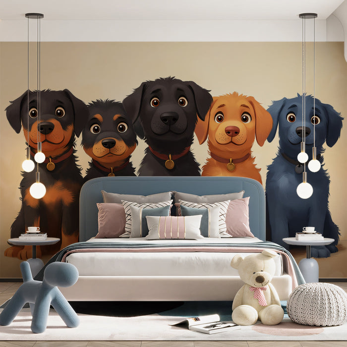 Five - dog Mural Wallpaper | Neutral Background with Canine Line - up