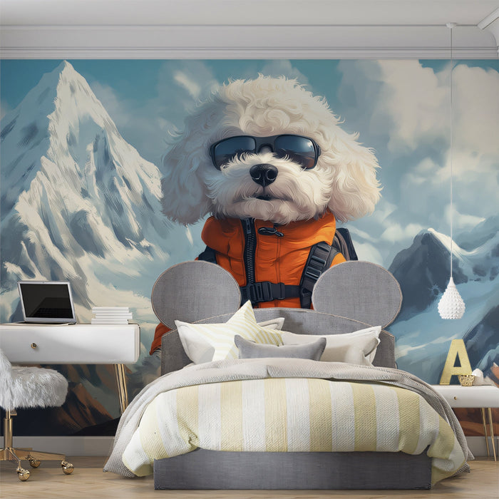 Mountain - adventurer Dog Mural Wallpaper | Alpine Background with Cool Poodle