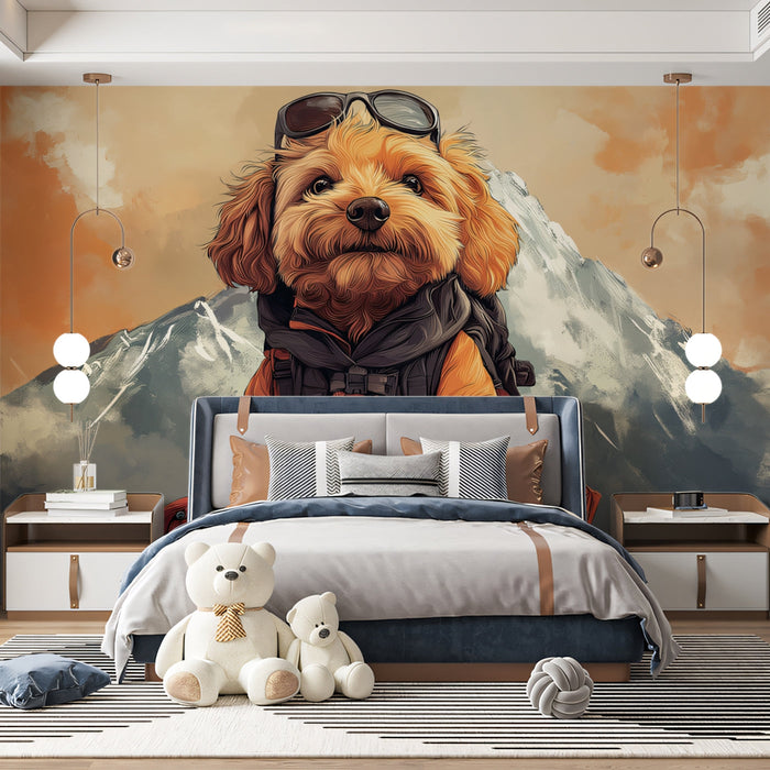 Aviator Dog Mural Wallpaper | Mountainous and Cloudy Background with Fluffy Dog