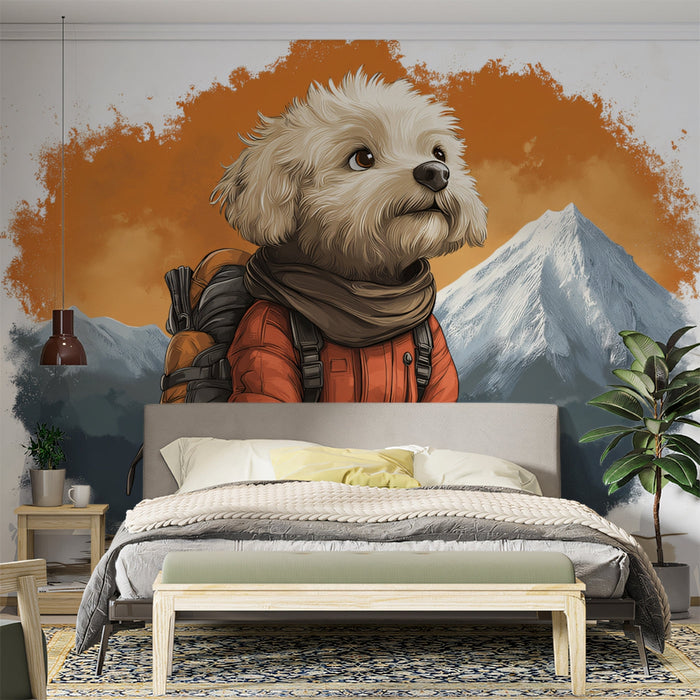 Adventurous Dog Mural Wallpaper | Mountainous Orange - hued Background