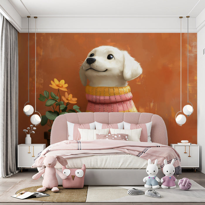 Cosy Dog Mural Wallpaper | Orange - pink Background with Sweater - clad Pup