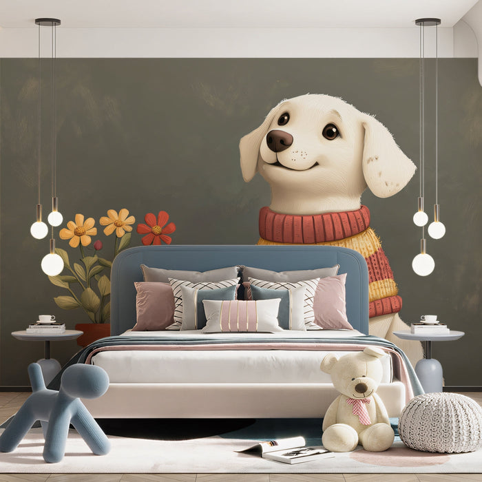 Cheerful Dog Mural Wallpaper | Grey - green Background with Sweater - wearing Pup
