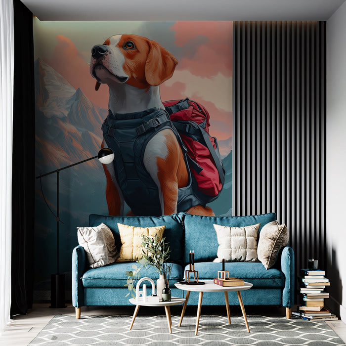 Explorer Dog Mural Wallpaper | Mountain - sky Background with Backpack - wearing Beagle