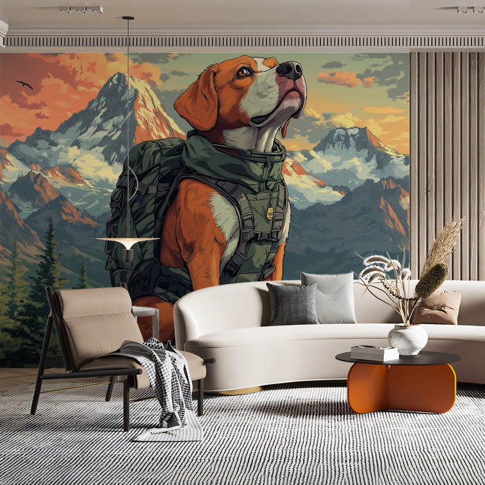 Explorer Dog Mural Wallpaper | Mountain - sky Background with Backpack - wearing Beagle