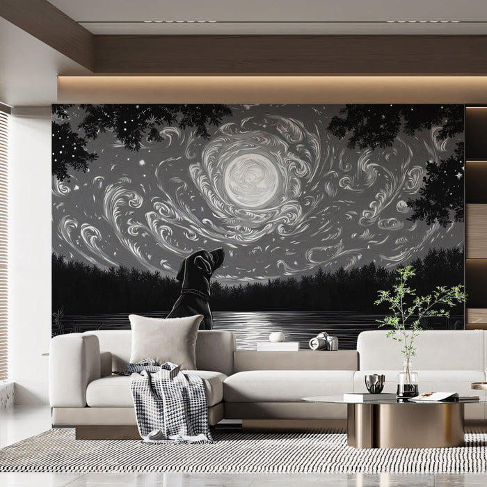 Mysterious Dog Mural Wallpaper | Black - and - white Cosmic Background