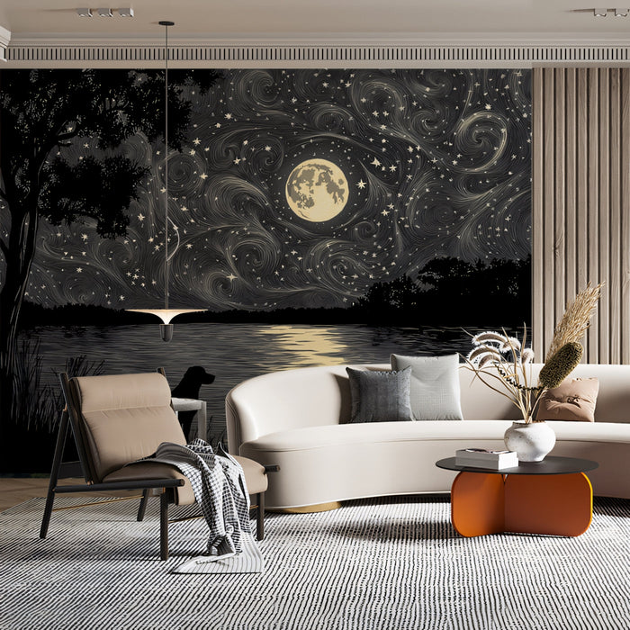 Mysterious Dog Mural Wallpaper | Black - and - white Cosmic Background