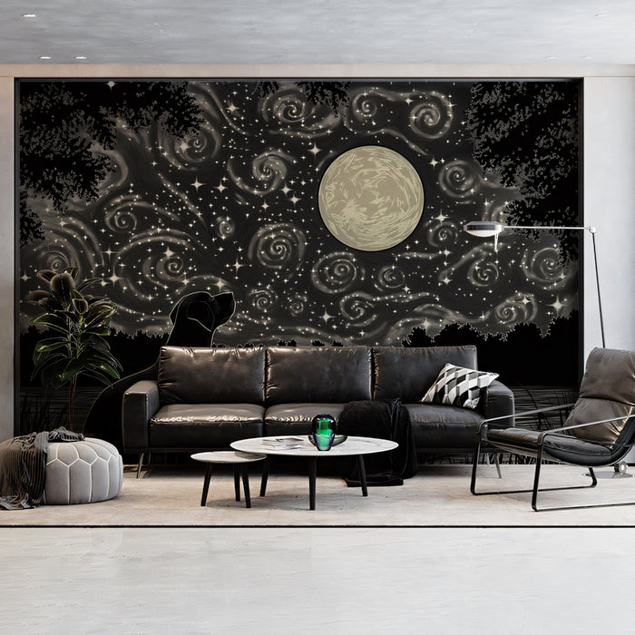 Mysterious Dog Mural Wallpaper | Black - and - white Cosmic Background