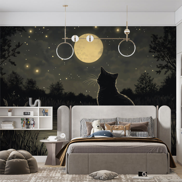 Moon - gazing Cat Mural Wallpaper | Night - sky Background with Silhouette