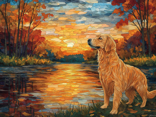 Golden Retriever Mural Wallpaper | Mosaic - style Autumn Landscape