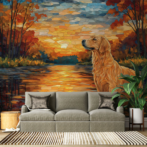 Golden Retriever Mural Wallpaper | Mosaic - style Autumn Landscape