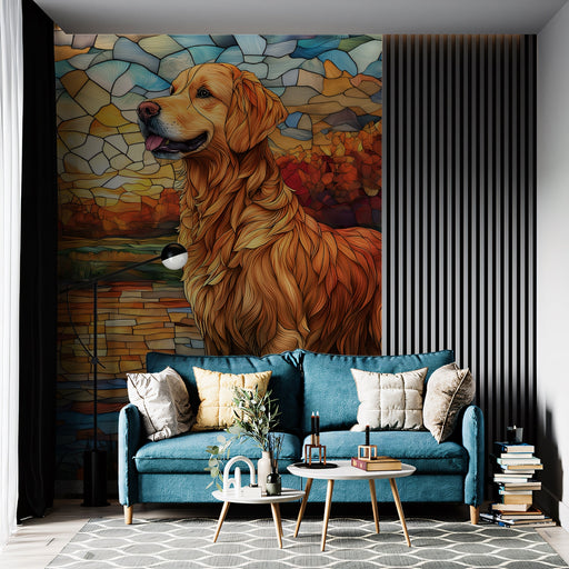 Golden Retriever Mural Wallpaper | Mosaic - style Autumn Landscape
