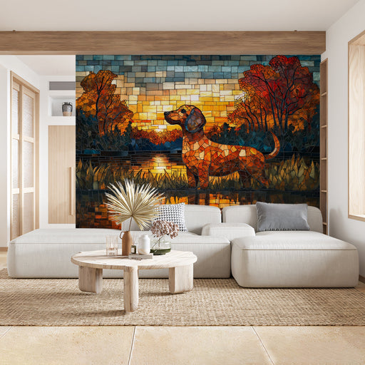 Dachshund Mural Wallpaper | Mosaic - style Autumn Scenery