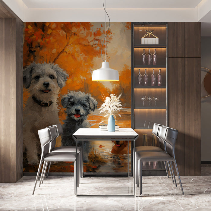 Two Bichon Frises Mural Wallpaper | Autumn - themed Background