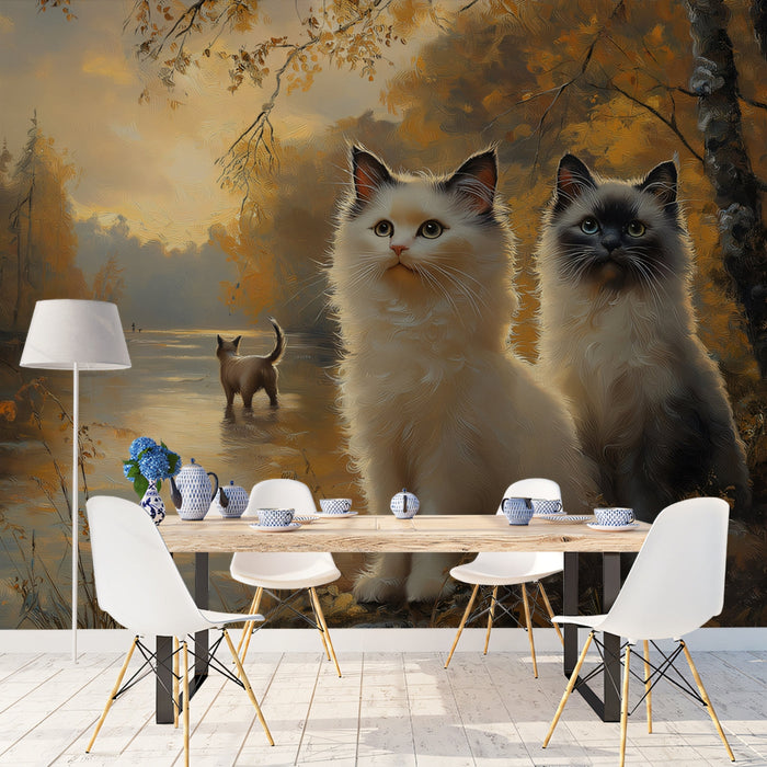 Two Cats Mural Wallpaper | Autumn Forest Background