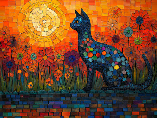 Mosaic - style Cat Mural Wallpaper | Orange Floral Background with Blue Cat