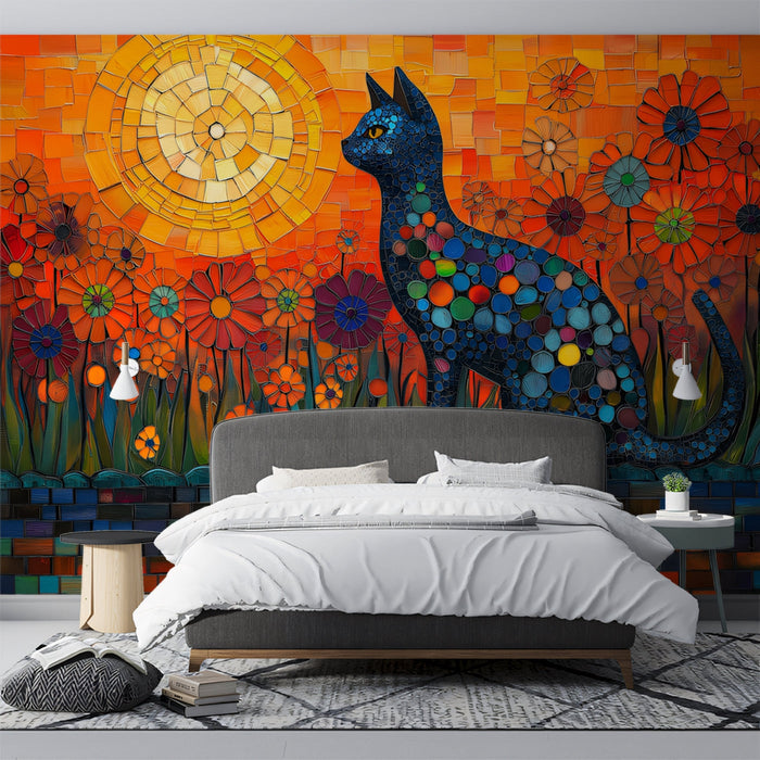 Mosaic - style Cat Mural Wallpaper | Orange Floral Background with Blue Cat