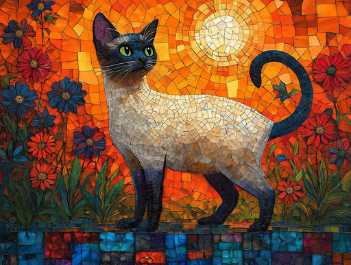 Siamese Cat Mural Wallpaper | Mosaic - style Floral Sunlit Background