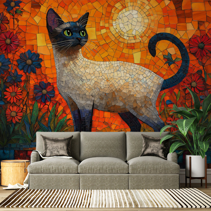 Siamese Cat Mural Wallpaper | Mosaic - style Floral Sunlit Background