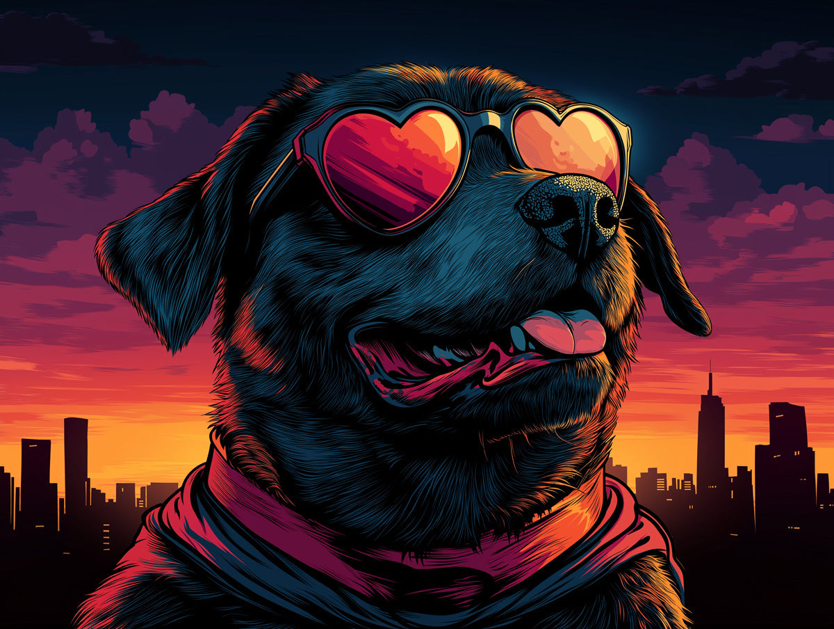 Cool Dog Mural Wallpaper | Cityscape Sunset Background with Heart - shaped Sunglasses
