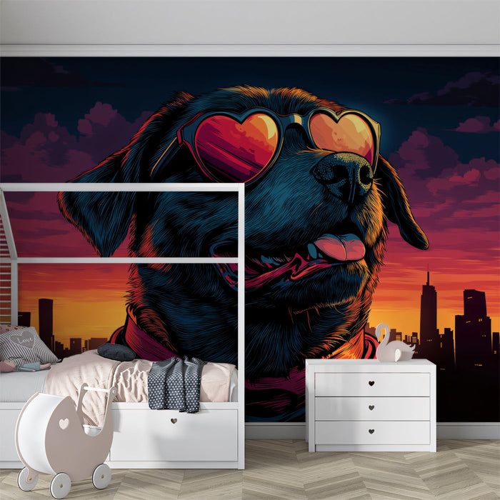 Cool Dog Mural Wallpaper | Cityscape Sunset Background with Heart - shaped Sunglasses