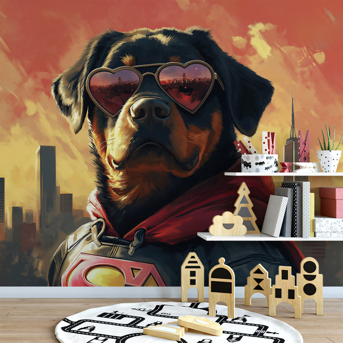 Cool Dog Mural Wallpaper | Cityscape Sunset Background with Heart - shaped Sunglasses