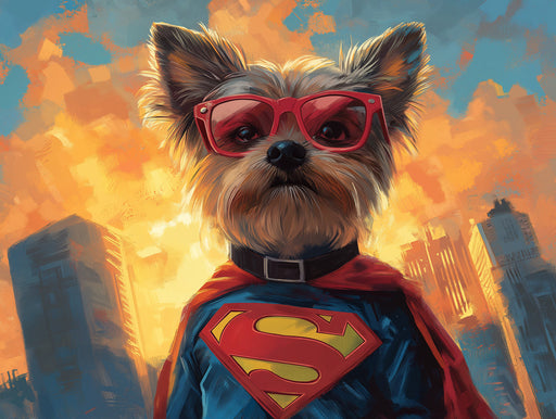 Superhero Dog Mural Wallpaper | Cityscape Background with Superman Attire