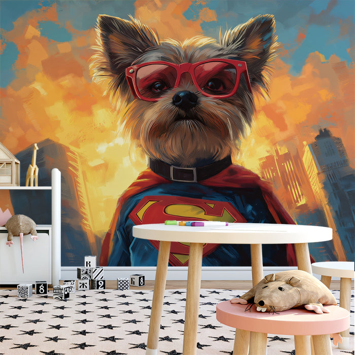 Superhero Dog Mural Wallpaper | Cityscape Background with Superman Attire