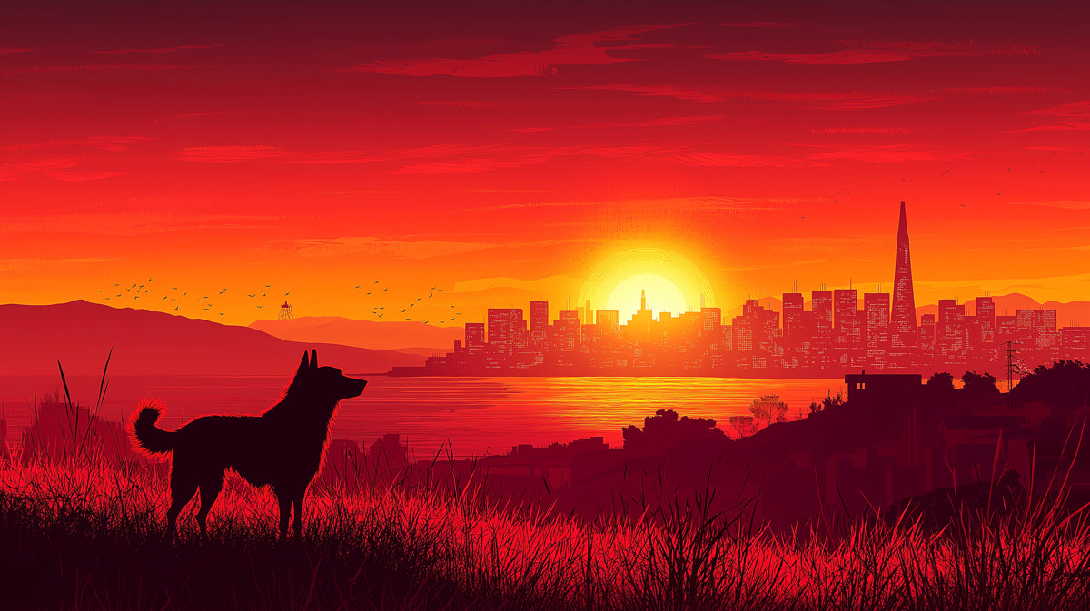 Sunset - gazing Dog Mural Wallpaper | Red - hued Cityscape Background