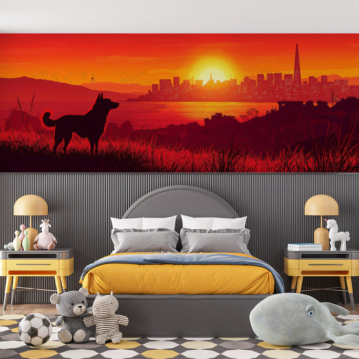 Sunset - gazing Dog Mural Wallpaper | Red - hued Cityscape Background