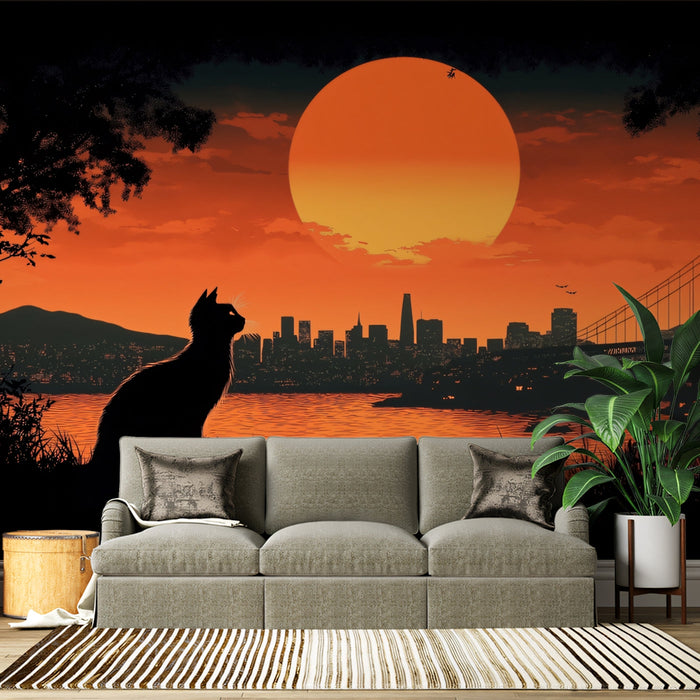 City - gazing Cat Mural Wallpaper | Orange - hued Sunset and Cityscape
