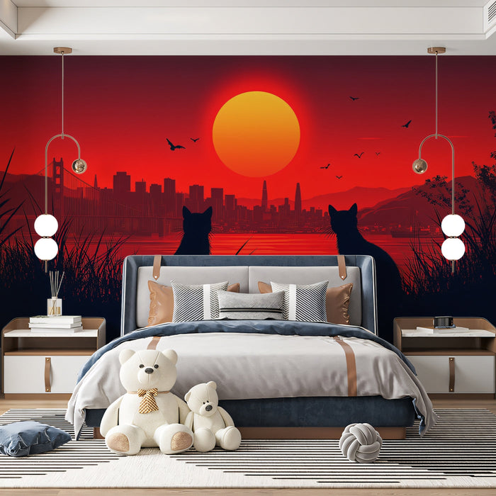 Twin Cats Mural Wallpaper | Red - toned Sunset and City Skyline