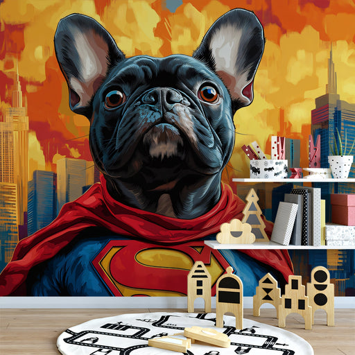 Super - Frenchie Mural Wallpaper | Colorful Cityscape and Superhero Dog