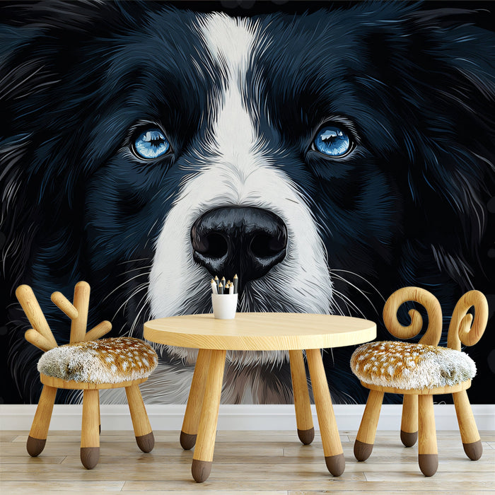 Blue - eyed Dog Mural Wallpaper | Close - up with Expressive Eyes