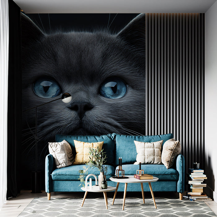 Blue - eyed Cat Mural Wallpaper | Dark - toned with Soft Fur