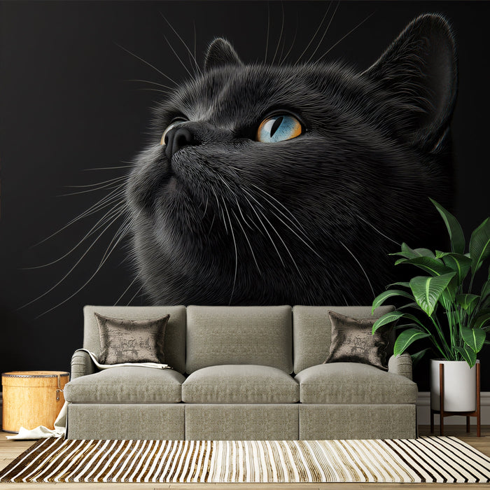 Heterochromatic Cat Mural Wallpaper | Black - background with Striking Gaze
