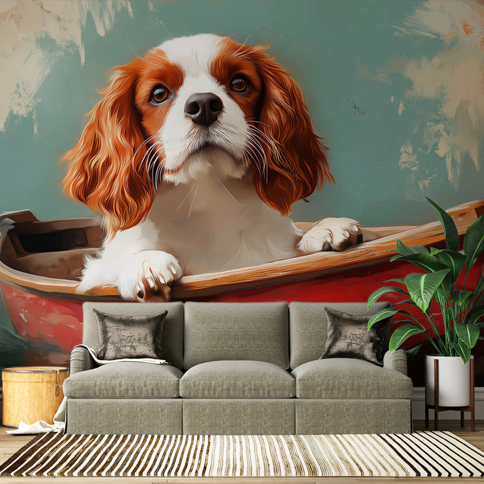Boat - riding Dog Mural Wallpaper | Soft - hued Background with Spaniel