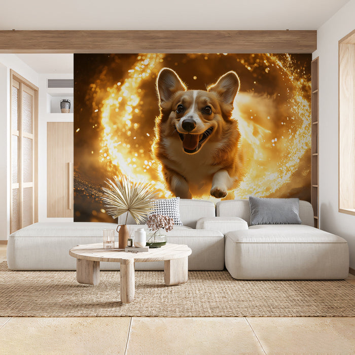 Magical Corgi Mural Wallpaper | Golden - hued Background with Sparkles