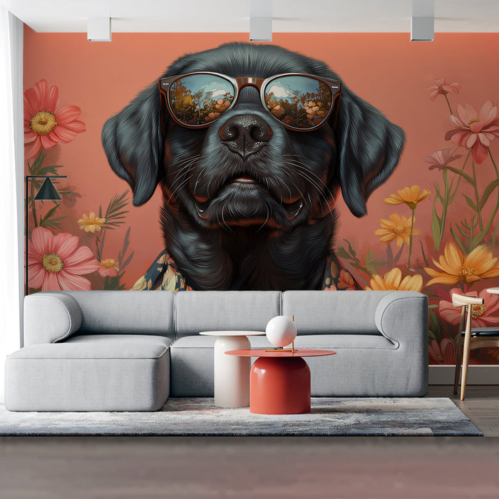 Cool Labrador Mural Wallpaper | Floral - orange Background with Sunglasses