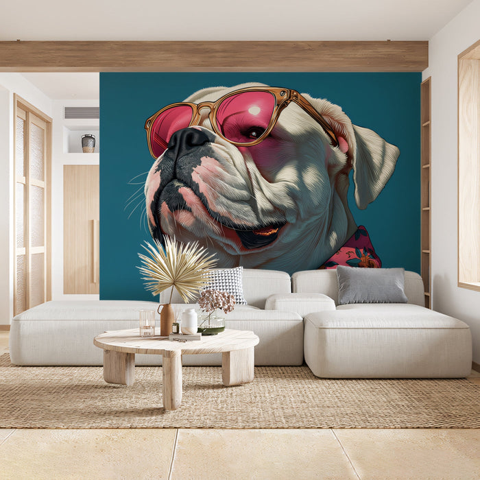 Stylish Bulldog Mural Wallpaper | Teal Background with Pink Shades